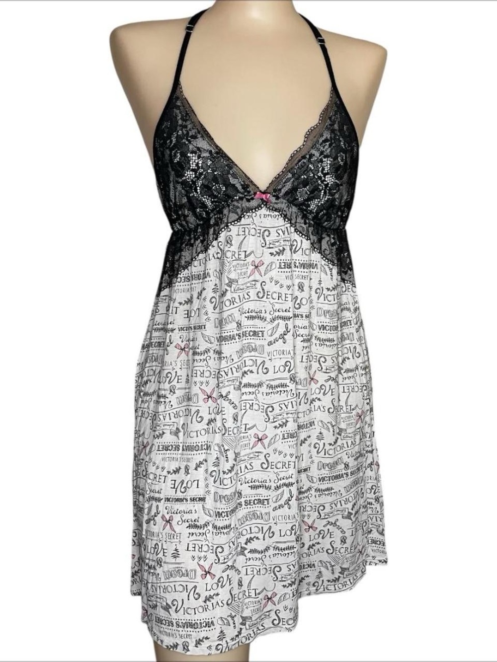 Victoria’s Secret black & white chemise with black lace and pink bow details